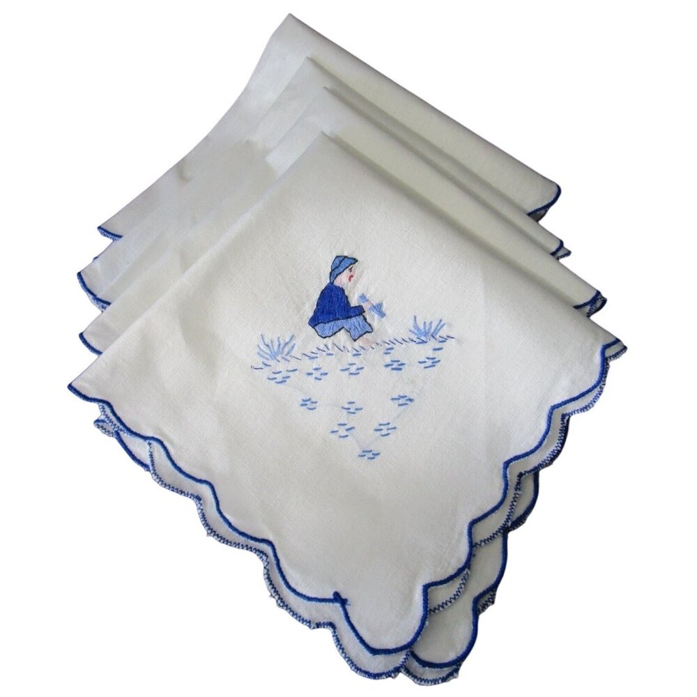 Vintage Embroidered Napkins Blue Shirt Boy Boat Scalloped Edges Four GUC